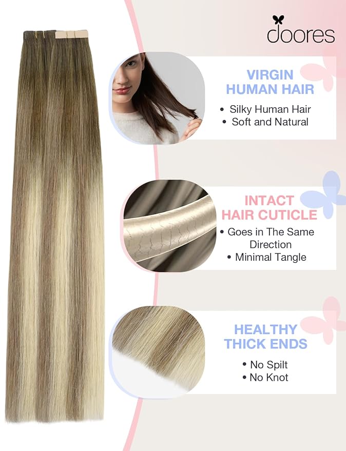 DOORES Invisi Edge Hair Extensions Real Human Hair Tape in, Walnut Brown to Ash Brown and Bleach Blonde 10 Injection Tape-ins with 10 Classic Tape-ins 50g 20 Inch, Injection Tape in