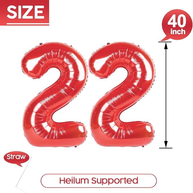 22 Balloon - Red Birthday Number Balloons, 40 Inch Decorations Men Women | Red - Image 5