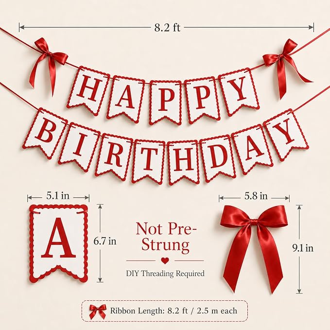 Red Happy Birthday Banner with Satin Bows - Image 3