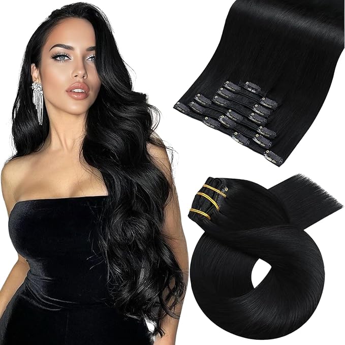 Moresoo Clip in Hair Extensions for Black Women Remy Double Weft Human Hair Clip in Extensions Jet Black #1 7Pieces 120G 24inch