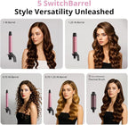 5 in 1 Automatic Rotating Curling Iron Set, CrazyMar Curling Wand Set - 5 Barrels (3/4,1,1/4 Inch) Dual Voltage Curling Wand for Professional Hair Styling, Travel, Ceramic Coating(Hot Pink)