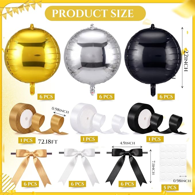 18 Set 22 Inch Black Silver Gold 4D Giant Round Foil Balloon Bulk Metallic - Image 2