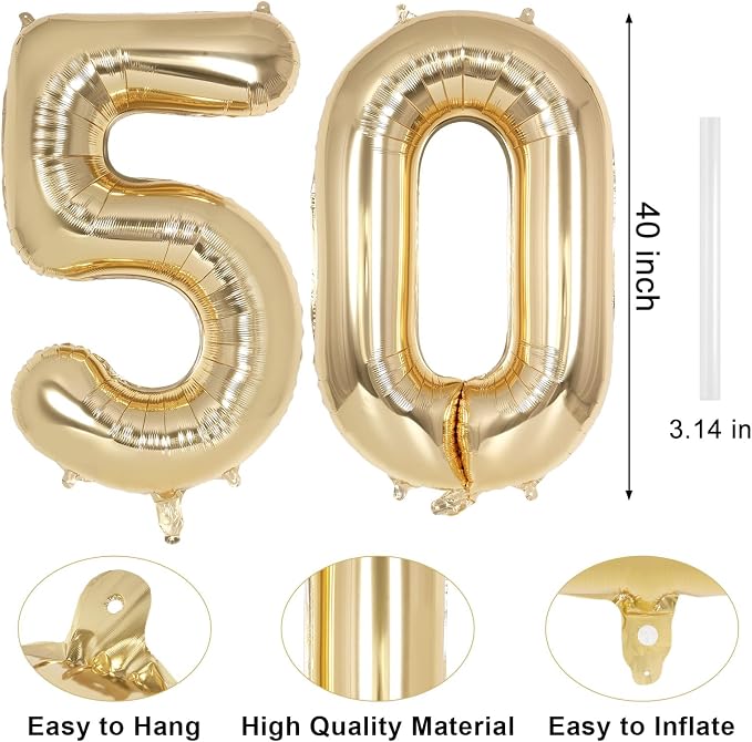 Champagne Gold Large Number 50 Balloon, 40 Inch Light Gold Foil Helium Number - Image 2
