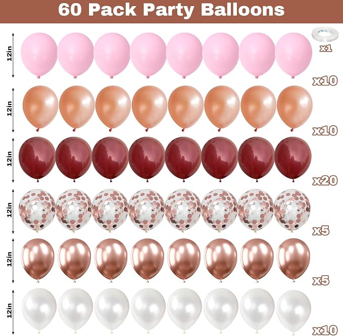 Burgundy Red and Pink Balloons, 60 Pack 12in Rose Gold Wine Red Light Pink - Image 2
