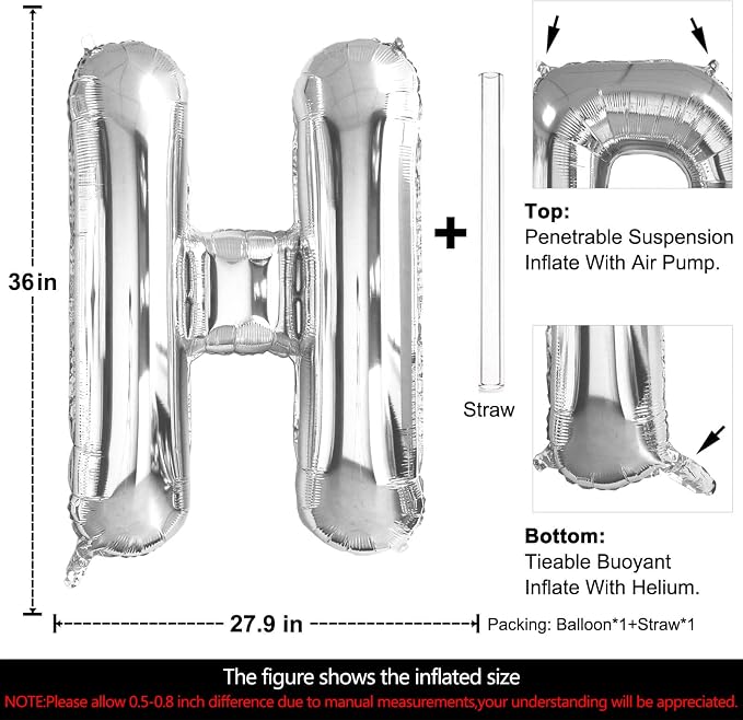 Lovoir 40 Inch Large Silver Letter H Balloons Big Size Jumbo Mylar Foil Helium - Image 2