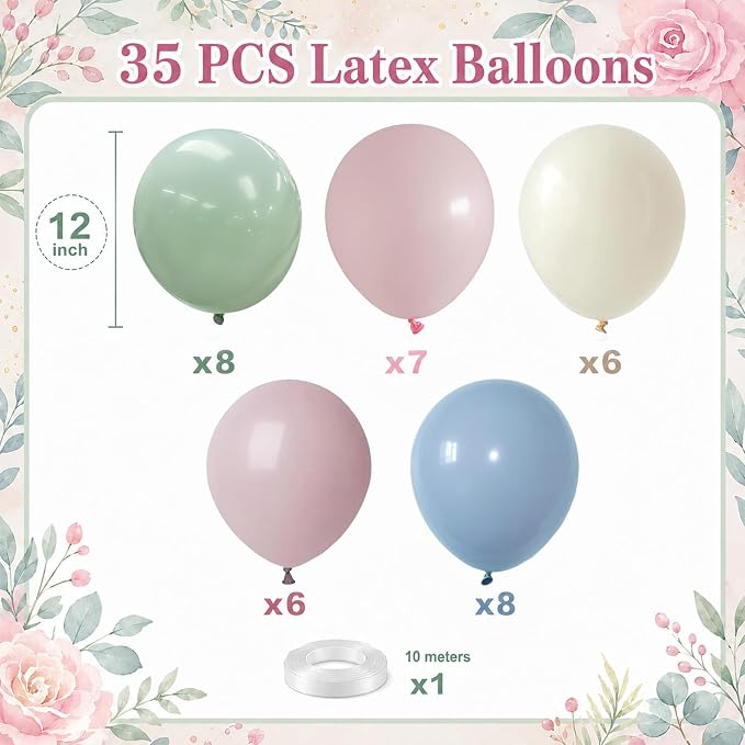 Pink Blue Green Balloons, 12 inch Dusty Green Pale Pink Beige Balloons - Image 2