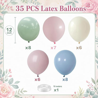 Pink Blue Green Balloons, 12 inch Dusty Green Pale Pink Beige Balloons - Image 2