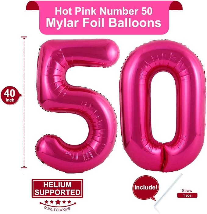 40 Inch Hot Pink 50 Number Balloons Giant Jumbo Huge 50 Foil Mylar Helium - Image 2