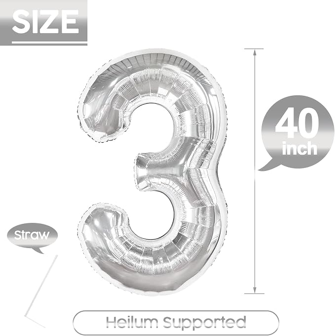 3 Balloon - Silver Birthday Number Balloons, 40 Inch Decorations Men Women | - Image 5