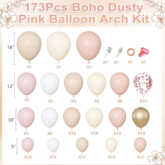 Amandir 173Pcs Boho Dusty Pink Balloon Arch Garland Kit | Neutral Baby Pink - Image 2