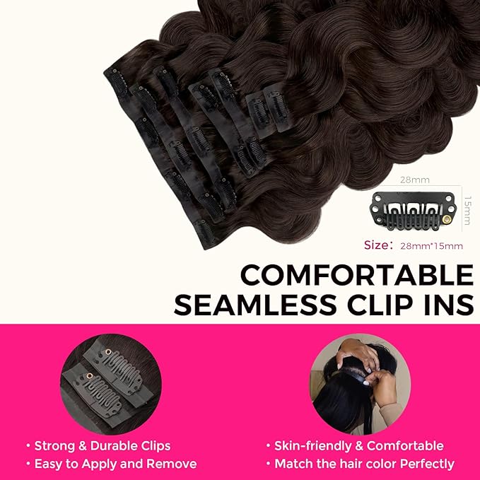 Lashey Seamless Clip in Hair Extensions Human Hair #2 Dark Brown Body Wave Clip in Hair Extensions Real Human Hair 7pcs 110g 20 Inch PU Weft for Women