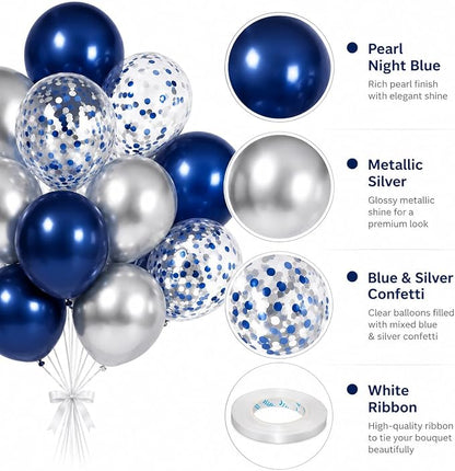 Navy Blue and Silver Balloons, 12 Inch Dark Midnight Blue Metallic Silver Latex - Image 3