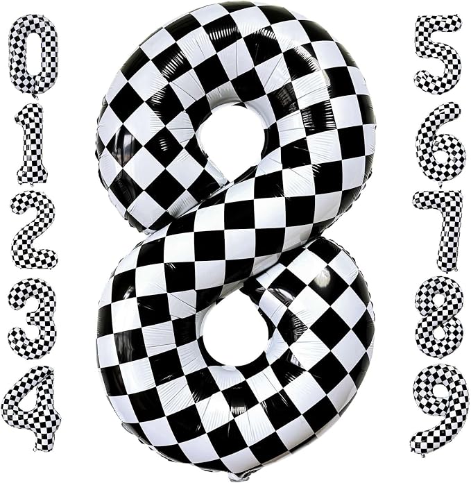 LHOAVWE Checkered Number 8 Balloons 40 Inch Giant Race Car Checkered 8 Balloons by LHOAVWE