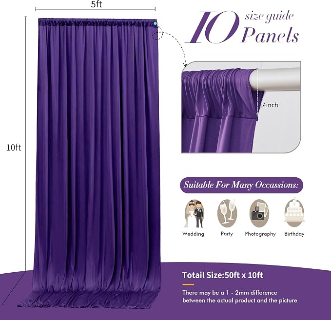 50 ft x 10 ft Wrinkle Free Purple Backdrop Curtain - Image 7