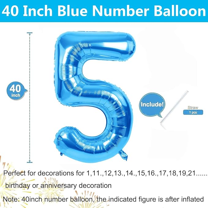 40 inch Blue Number Balloon Giant Foil Helium Balloons Blue Number 5 Balloon - Image 2