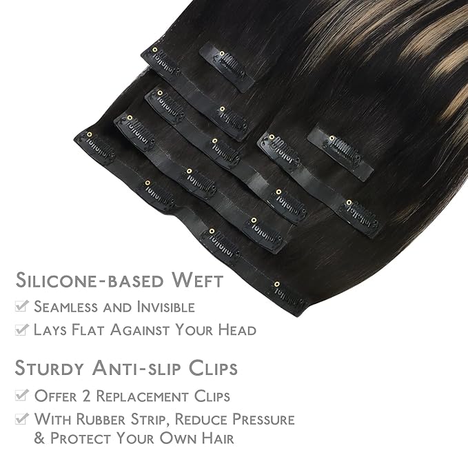 WENNALIFE Seamless Clip In Hair Extensions, 16 Inch 130g 7pcs Natural Black to Light Blonde Hair Extensions Clip in Human Hair Invisible PU Skin Weft Natural Remy Human Hair Extensions