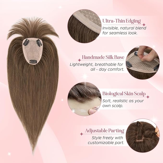 Hair Toppers for Women Real Human Hair 3.54"*4.72" Silky Base 150% Density With Bangs Adjustable Parting Clip-In Topper Hairpieces for Women with Thinning Hair 16 Inches Natural Brown