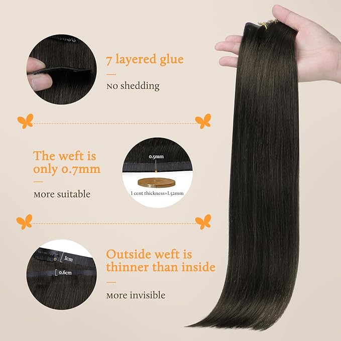 DOORES Human Hair Extensions Seamless Clip in Extensions, Mocha Brown 20 Inch 7pcs 150g, Clip in Hair Extensions Human Hair Straight Hair Remy Thick Hair Thin Weft Invisi Edge Hair Extensions