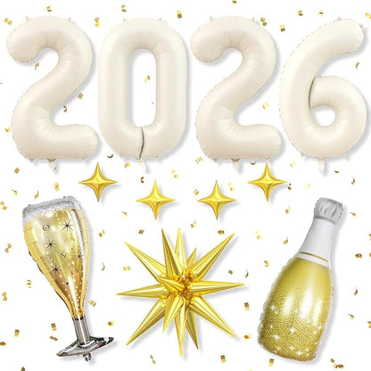 Cream White 2026 Balloons, 40 Inch Number 2026 Nude White Foil Balloons Gold by Dagelar