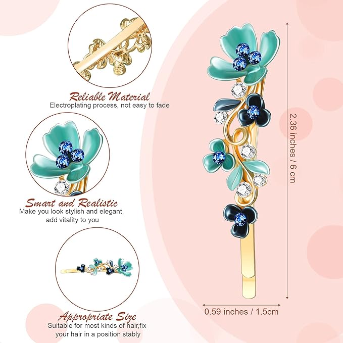 WILLBOND 12 Pieces Vintage Flower Hair Pins Women Barrette Bobby Pins Decorative Metal Gold Tone Hairpins Colorful Floral Design Hair Clips French Rhinestone Decorative Accessories for Women Girls