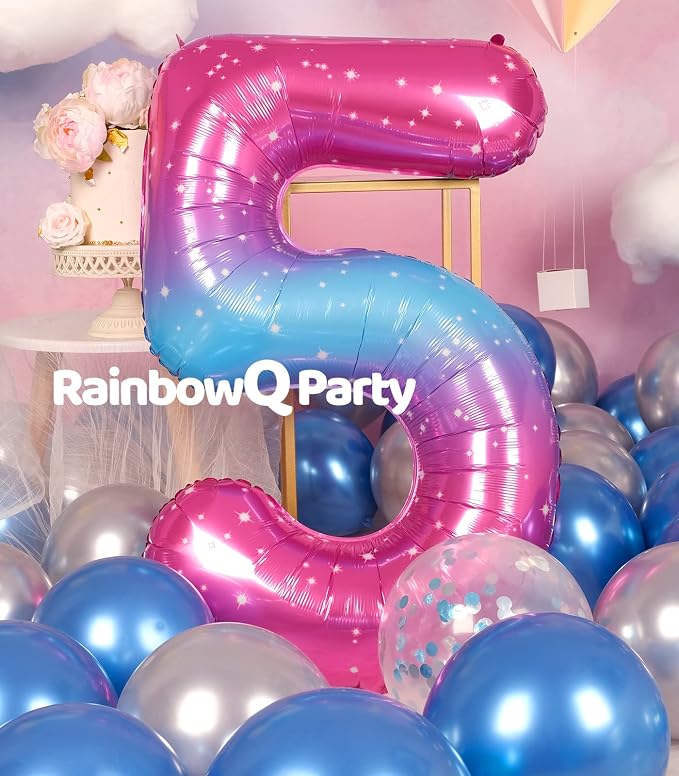 RainbowQ Blue Pink 5 Balloon Number 40 Inch Big 0-10 Foil Large Balloon | - Image 4