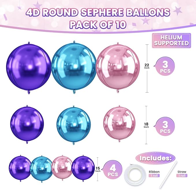 Pink Purple Blue Round Foil Balloons, Metallic Pink Purple Blue Foil Baloon - Image 2