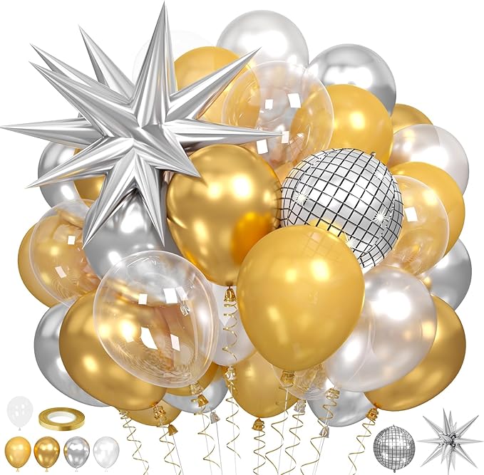 60pcs Gold and Silver Balloons, Metallic Pearl Silver Gold Balloons Clear by Paready