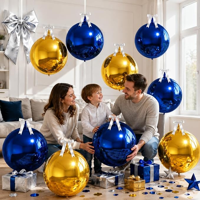 9 Pcs Blue Gold Round Foil Balloons Dark Navy Blue Metallic Gold Chrome 4D Ball - Image 4