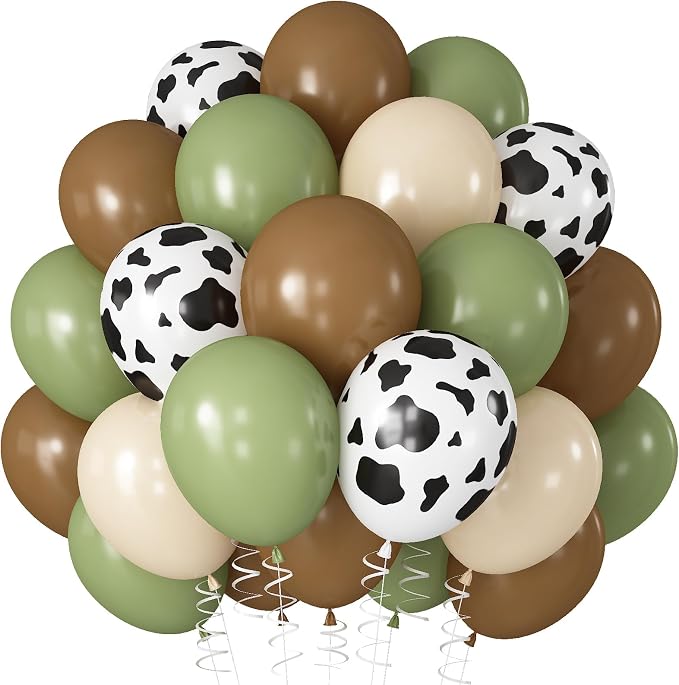 Green Brown Cow Print Balloons 12inch Cowboy Rodeo Birthday Decorations | Dusty by Paeyeq