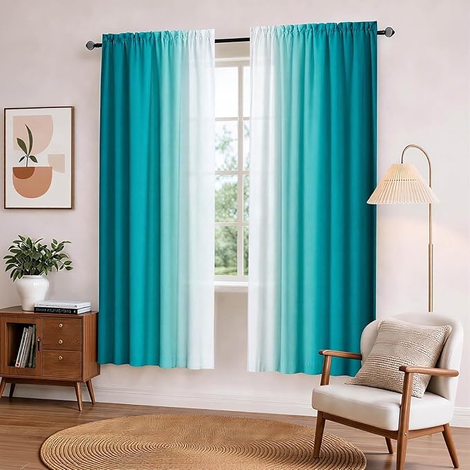 Turquoise Curtains for Living Room 63 Inch Length Teal Ombre Curtains 2 Panel - Image 2