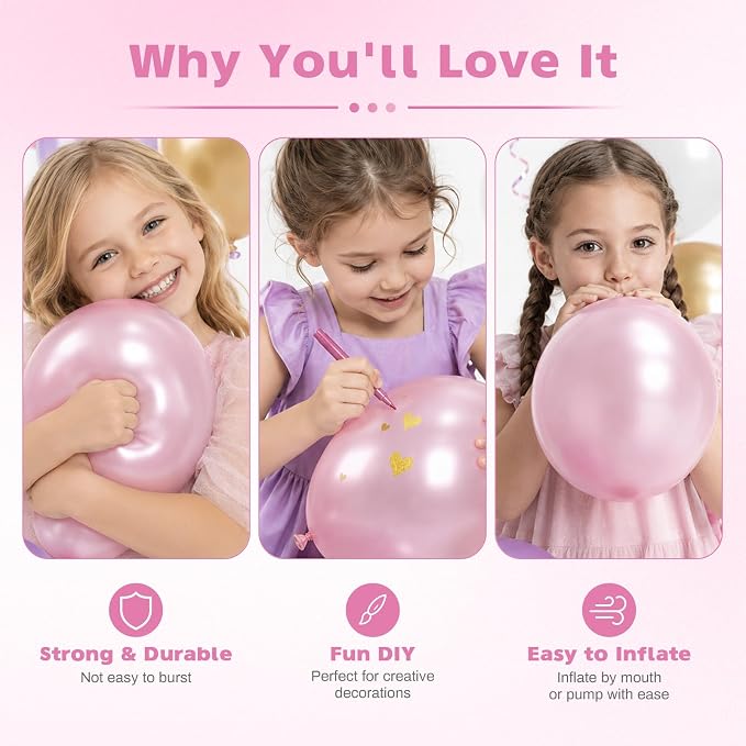 Metallic Pink Balloons, 12 Inch Chrome Light Pink Latex Party Balloons | 30 - Image 3