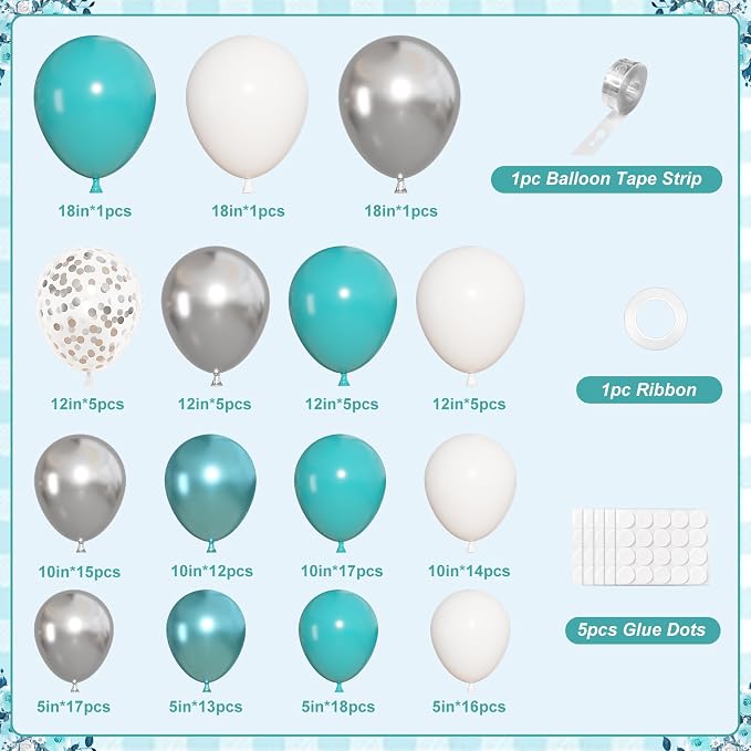 152Pcs Teal Silver White Balloons Arch Kit Different Size | Turquoise Blue - Image 2