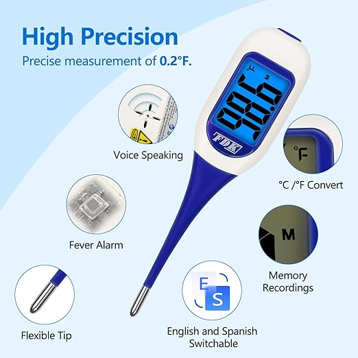 Large LCD Screen Digital Thermometer for Fever, 10 Seconds Fast & Accurate Readings, Large LCD Dual Color Backlight Flexible Tip Ideal for Adults Kids and Babies FSA