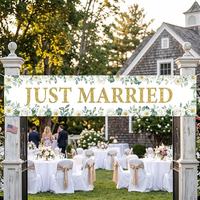 Just Married Wedding Decor Banner Decorations Party Hanging Sign | Reusable - Image 4