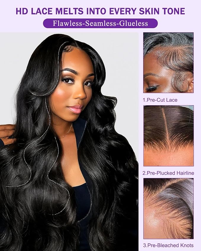 9x6 SKINLIKE Real HD Lace Closure Wig, Body Wave 180% Density 0.10mm Ultra-thin Swiss Lace Pre-plucked Bleached Small Knots With Baby Hair Natural Black Human Hair Wigs 22Inch