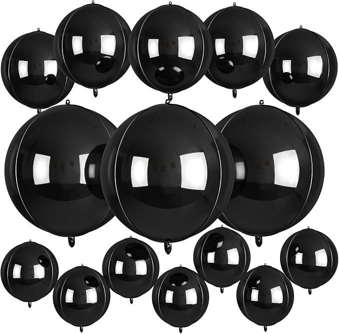 15 Pcs Black Round Foil Balloons, 22/15/10 Inch 4D Ball Balloons Black Ball by Sowide