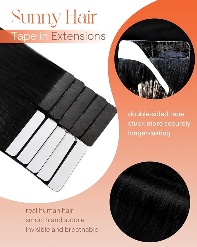 Sunny Hair Tape in Hair Extensions Real Human Hair Invisible Remy Hair Extensions Tape ins for Women Jet Black 16 inch 25G