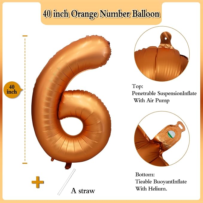 40 inch Orange Number 6 Balloon 6th Birthday Party Decorations | Giant Foil - Image 2