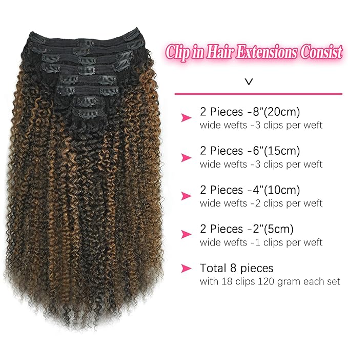 3c 4a Curly Clip in Hair Extensions T1BP1B/30 Omber Kinky Curly Clip ins For Women Brazilian Virgin Clip on Hair (20inch,T1BP1B/30)