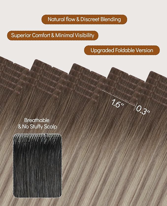 VINBAO Invisi Edge Hair Extensions Real Human Hair Tape in 50g 20pcs Balayage Ash Brown and Blonde Mixed with Ash Blonde Seamless Injection Tape in Hair Extensions 18inch #8/60/18