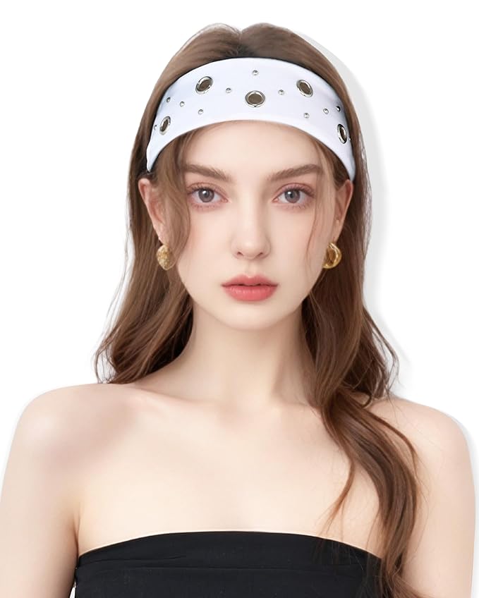 Grommet Headband for Women, White Round Studs 23cm Hollow Out Elastic Hair Band, Eyelets Punk Grunge Stylish Hairband