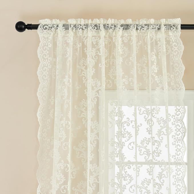 Cream Lace Curtains 102 Inches Long 2 Panels Paisley Floral Lace Sheer Curtains - Image 3