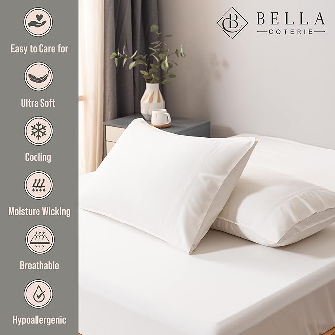 Bella Coterie | Luxury Bamboo Viscose Queen Size Pillowcase Set | 100% Organically Grown | Ultra Soft | Cooling | 2 Pcs [Ivory]