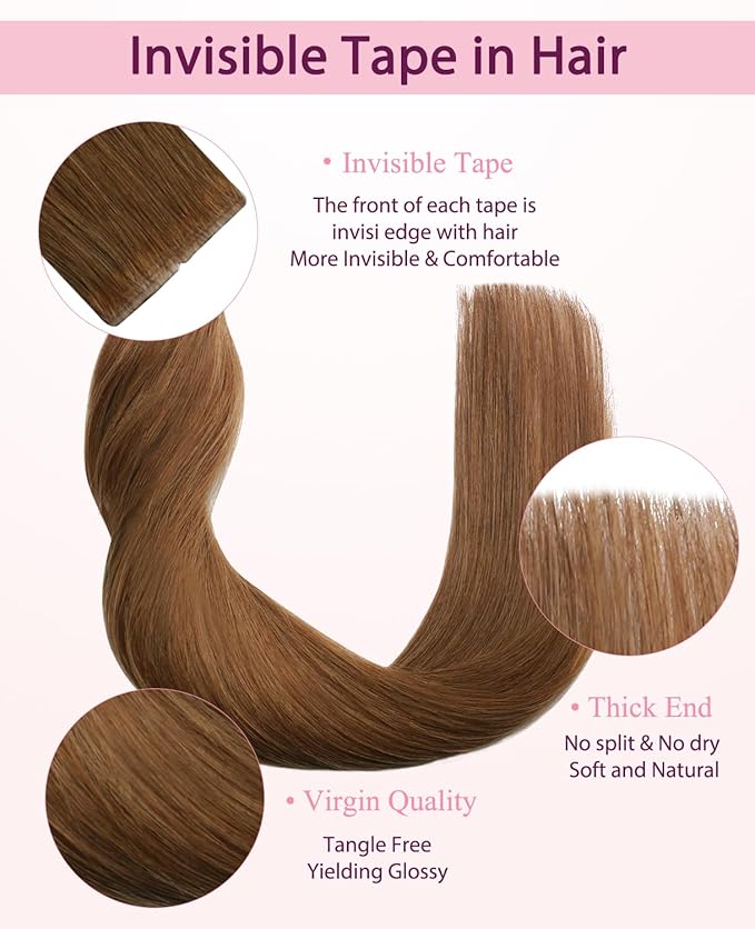 Pinkpearl Invisible Tape in Hair Extensions Human Hair, 20pcs 20inch 55g #33 Auburn Injection Tape in Extensions Real Remy Straight Seamless Silky Human Hair Injected