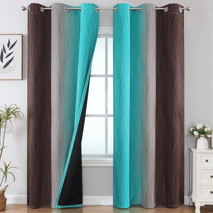 Brown and Teal Room Darkening Blackout Curtains 84 Inch Length 2 Panels Set by ESTELARTEXTILER