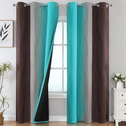 Brown and Teal Room Darkening Blackout Curtains 84 Inch Length 2 Panels Set by ESTELARTEXTILER