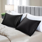 Aormenzy Satin Pillow Cases for Women Queen Size Set of 2, Black Satin Pillowcase for Hair with Envelope Closure Silky Pillow Covers Wrinkle, Fade Resistant (20x30 Inches)