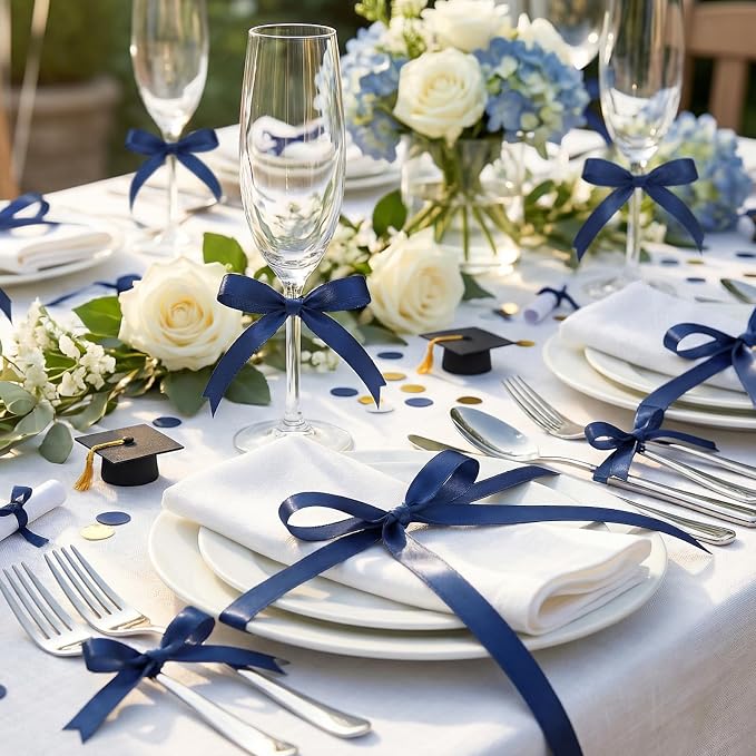 woric 120 Yards Navy Blue Ribbon 3/8 Inch Thin Dark Blue Satin Ribbons | - Image 4