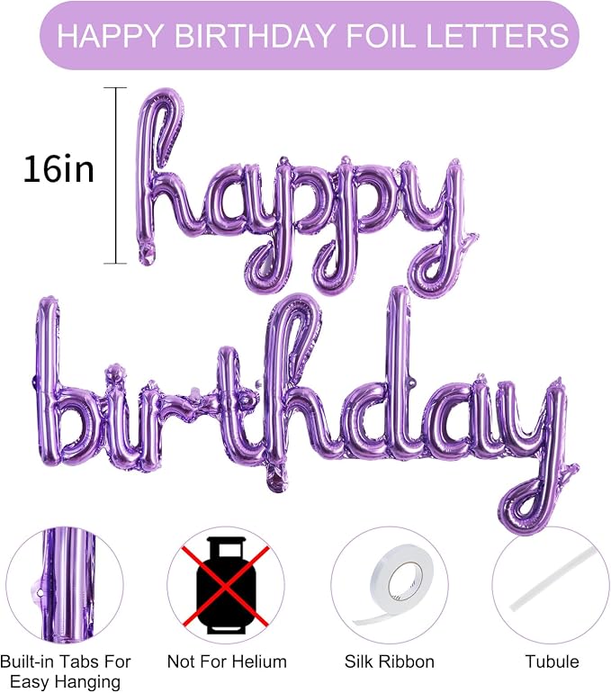 TONIFUL Purple Happy Birthday Balloons 16 Inch Purple Mylar Foil Script/Cursive - Image 2