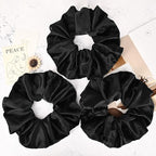9.5 inch Silk Scrunchies Oversized Scrunchie Jumbo Scrunchies Giant Silk Scrunchie Extra Large Satin Thick Elastic Fluffy Hair Ties for Women and Girls 3 Pack (Black)